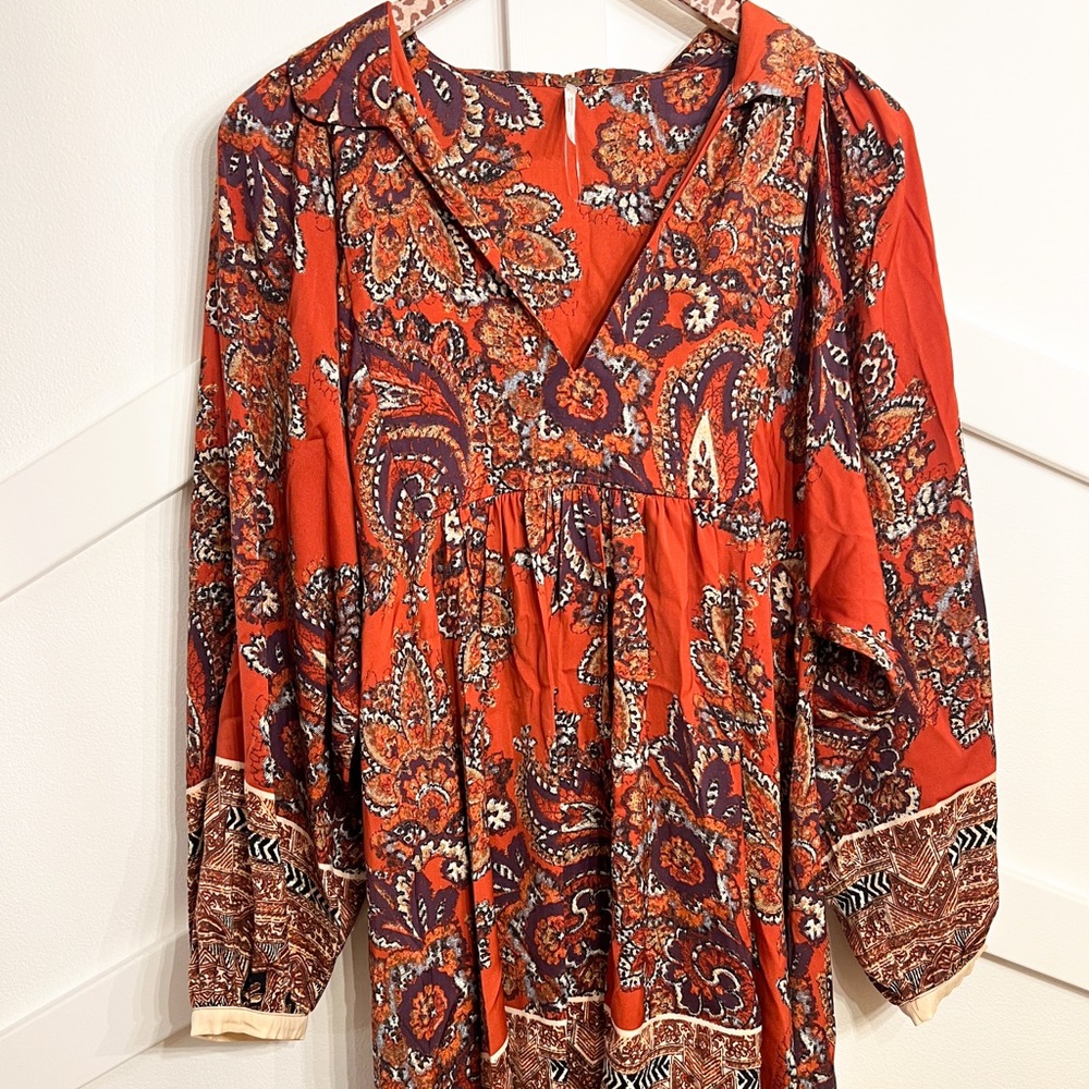 Free People Red Paisley Long Sleeve Dress